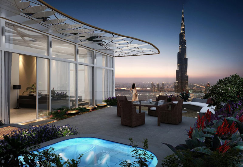 Dubai waterfront luxury residences at blue hour