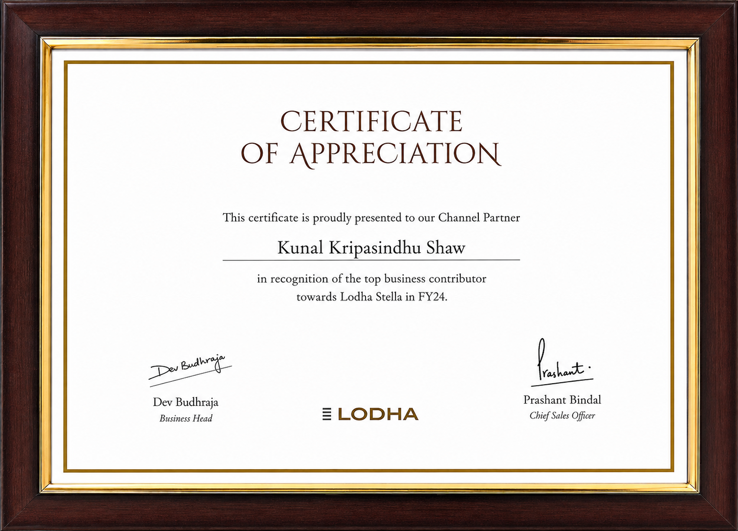 Lodha Top Business Contributor Award FY24 — Noble Nest Realty