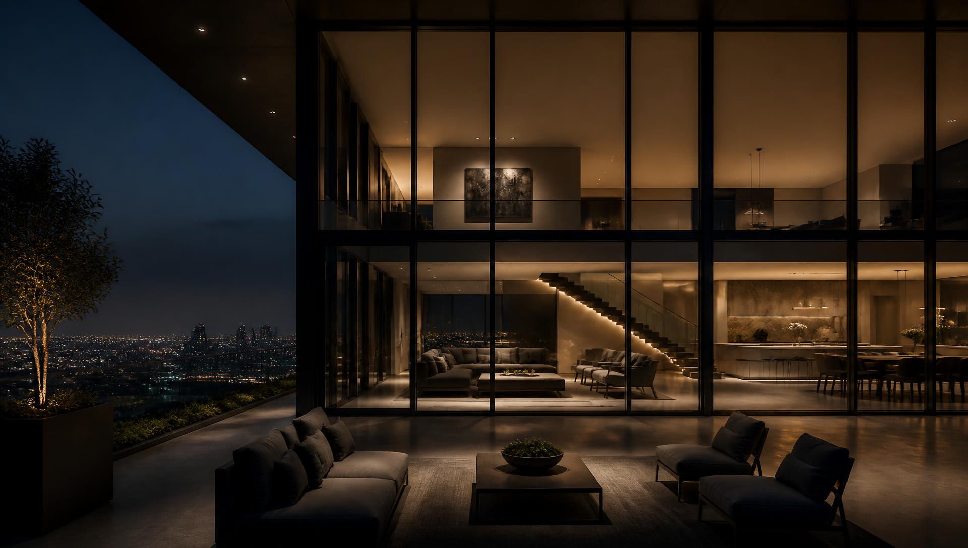Double-height luxury residence illuminated at night above the city