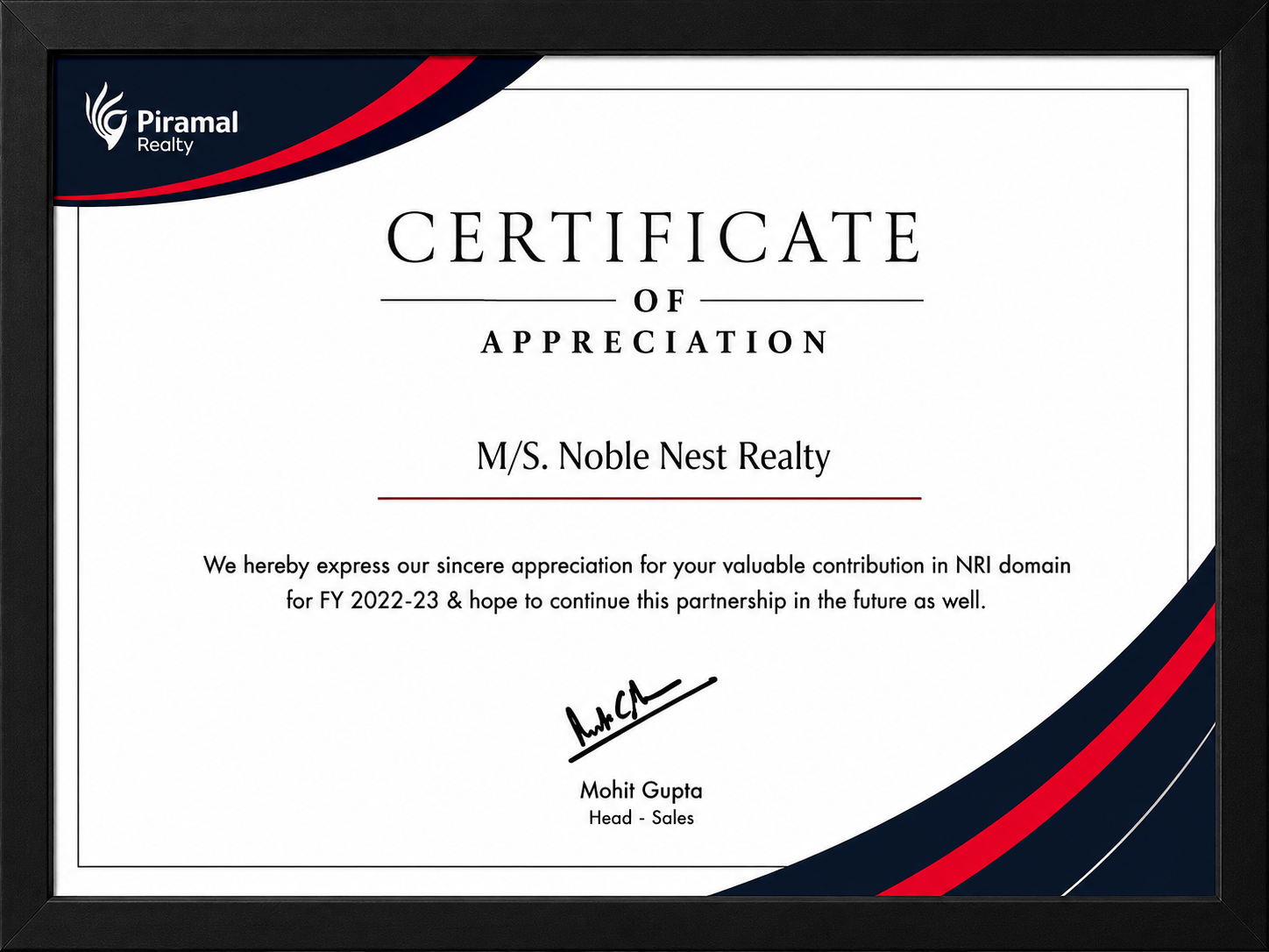 Piramal Realty NRI Business Recognition FY22–23 — Noble Nest Realty