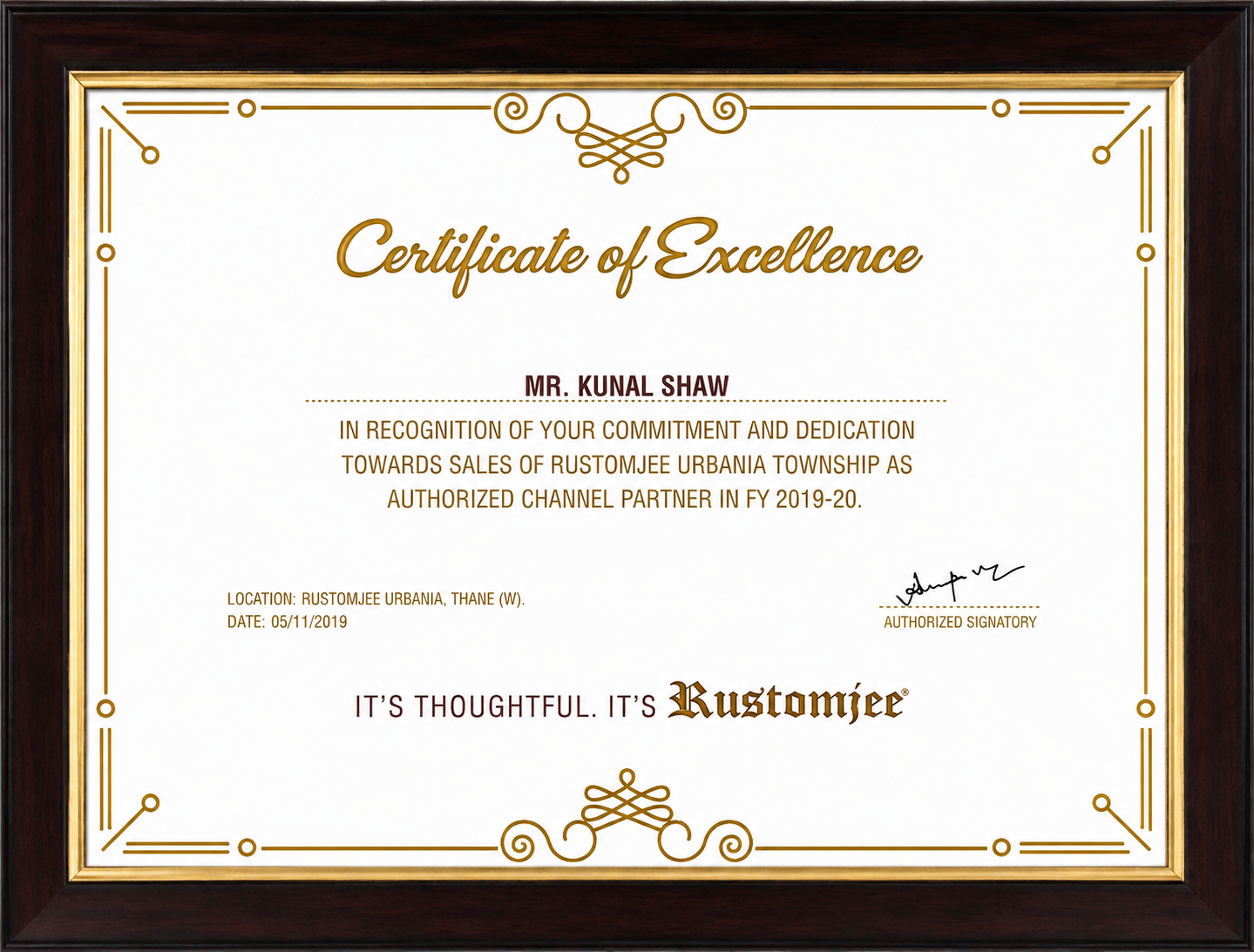 Rustomjee Certificate of Excellence FY19–20 — Noble Nest Realty